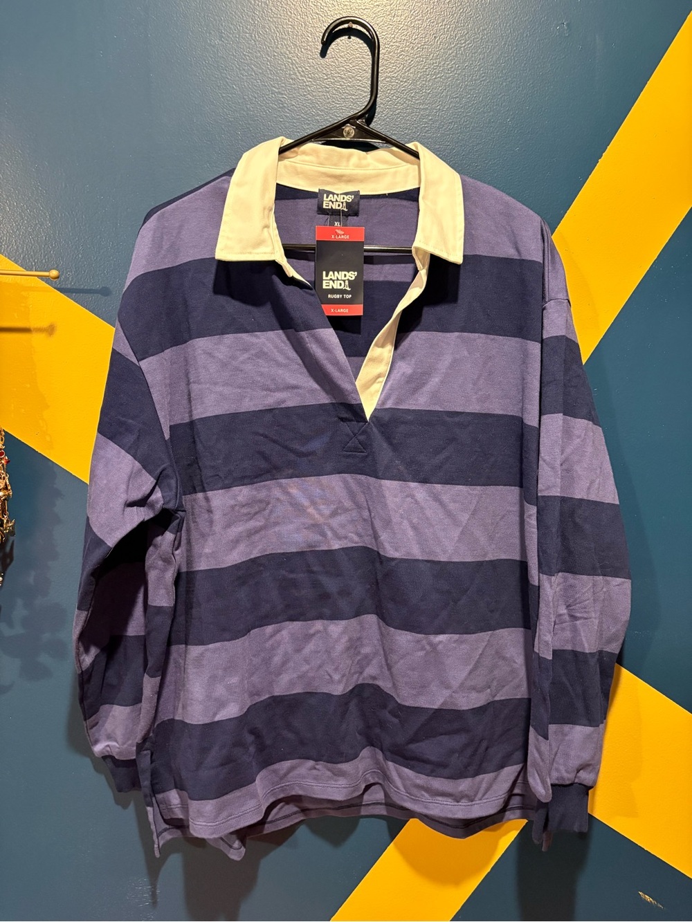 Lands' End Blue Stripe V-Neck Long Sleeve Rugby Polo NWT